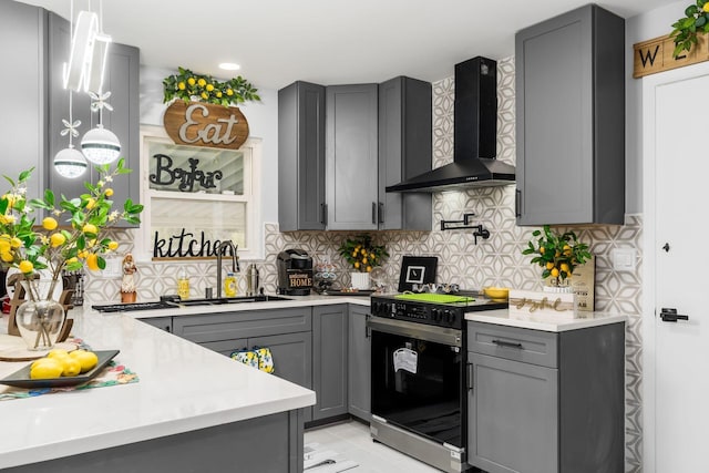 1174 Belden Rd, Columbus, OH 43229 - kitchen with black range with electric stovetop, gray cabinetry, wall chimney exhaust hood, light countertops, and recessed lighting