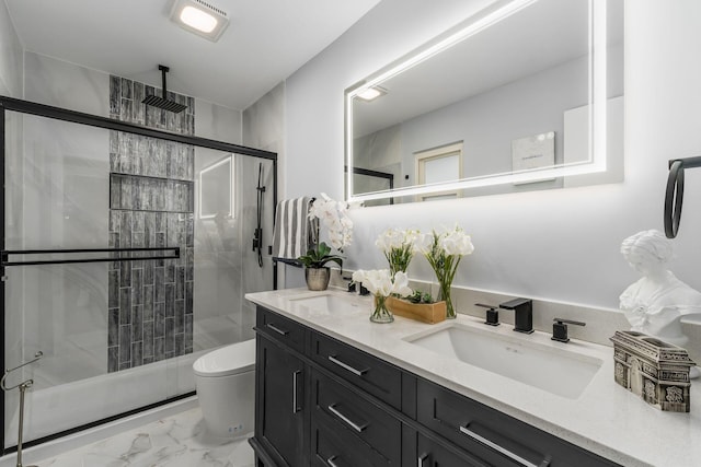1174 Belden Rd, Columbus, OH 43229 - full bathroom featuring a shower stall, double vanity, and marble look tiles