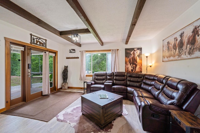 63775 State Route 56, Creola, OH 45622 - living area featuring wood finished floors, beam ceiling, and a textured ceiling