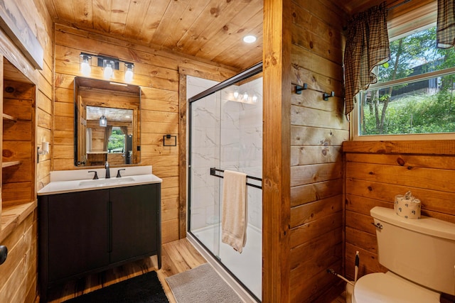 63775 State Route 56, Creola, OH 45622 - full bath with wood walls, vanity, wood finished floors, a stall shower, and wood ceiling