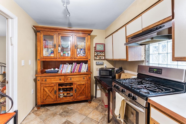 2909 Bryden Rd, Columbus, OH 43209 - kitchen featuring stainless steel appliances, under cabinet range hood, white cabinetry, light countertops, and glass insert cabinets
