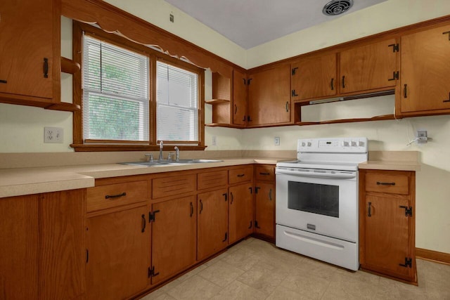 824 Colonial Dr, Heath, OH 43056 - kitchen with white electric range, brown cabinets, and light countertops