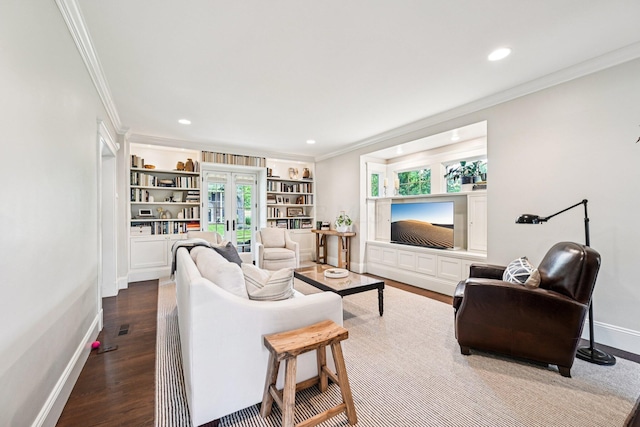 1968 Coventry Rd, Upper Arlington, OH 43212 - living room with crown molding, french doors, recessed lighting, dark wood-style flooring, and built in shelves