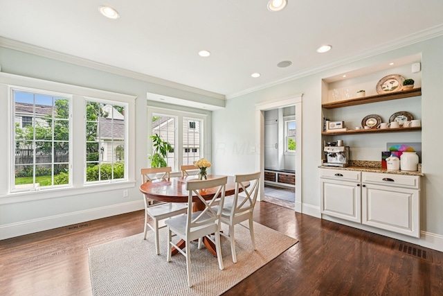1968 Coventry Rd, Upper Arlington, OH 43212 - dining space featuring ornamental molding, dark wood-style floors, and recessed lighting