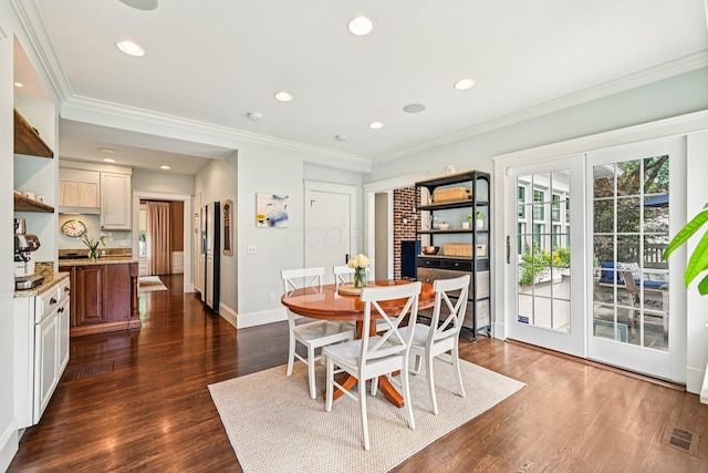 1968 Coventry Rd, Upper Arlington, OH 43212 - dining area with dark wood-type flooring, recessed lighting, and ornamental molding