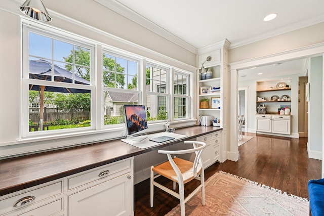 1968 Coventry Rd, Upper Arlington, OH 43212 - office area with ornamental molding, built in study area, and dark wood-style flooring