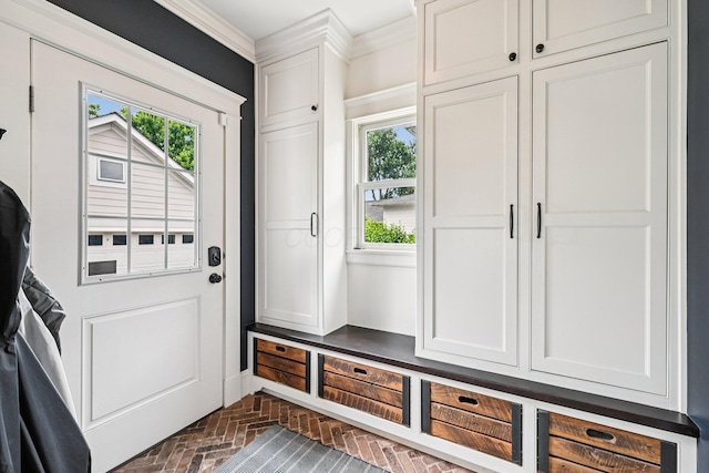 1968 Coventry Rd, Upper Arlington, OH 43212 - mudroom featuring brick floors, plenty of natural light, and crown molding