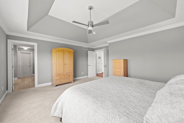 10640 Honeysuckle Way, Plain City, OH 43064 - bedroom featuring light carpet, ornamental molding, ceiling fan, and a raised ceiling