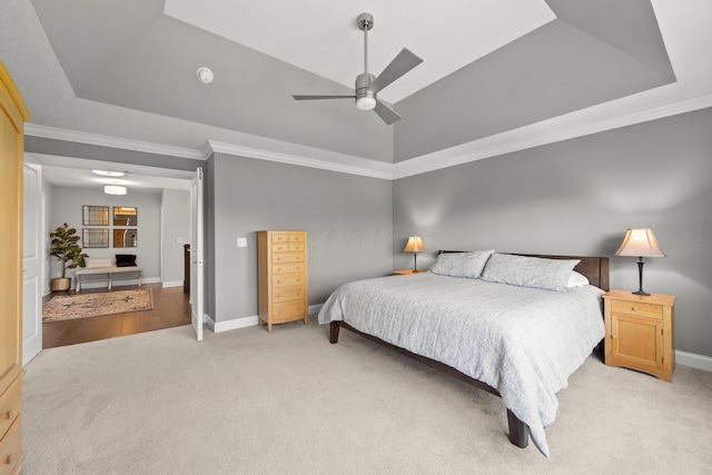 10640 Honeysuckle Way, Plain City, OH 43064 - bedroom with light colored carpet, a tray ceiling, ornamental molding, and a ceiling fan