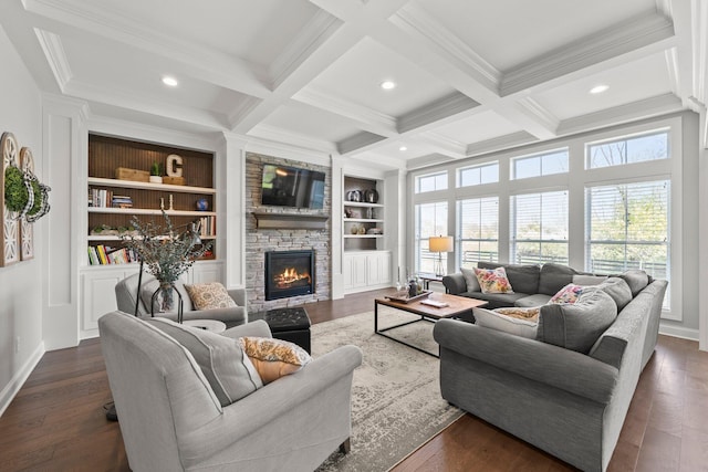 10640 Honeysuckle Way, Plain City, OH 43064 - living room with crown molding, dark wood-style floors, coffered ceiling, a fireplace, and beamed ceiling