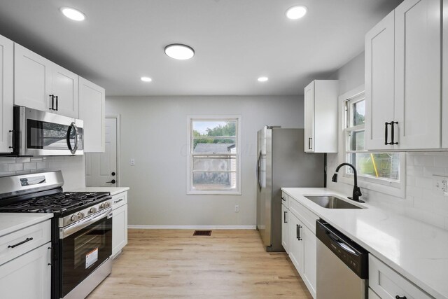 1358 Moler Rd, Columbus, OH 43207 - kitchen featuring appliances with stainless steel finishes, backsplash, light wood-type flooring, white cabinets, and recessed lighting