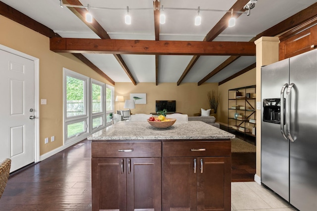 2474 Bristol Rd, Columbus, OH 43221 - kitchen with stainless steel refrigerator with ice dispenser, light wood-type flooring, open floor plan, and rail lighting