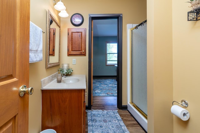 1163 Sitterley Rd NW, Canal Winchester, OH 43110 - bathroom featuring vanity, wood finished floors, and a shower stall