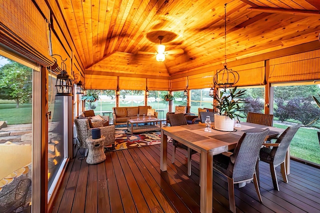 1163 Sitterley Rd NW, Canal Winchester, OH 43110 - sunroom featuring vaulted ceiling, wood ceiling, a wooden deck, hardwood / wood-style floors, and ceiling fan