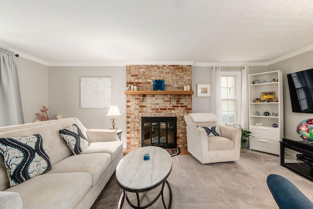 5092 Schuylkill St Unit 31-92, Columbus, OH 43220 - living area featuring ornamental molding, light carpet, and a brick fireplace