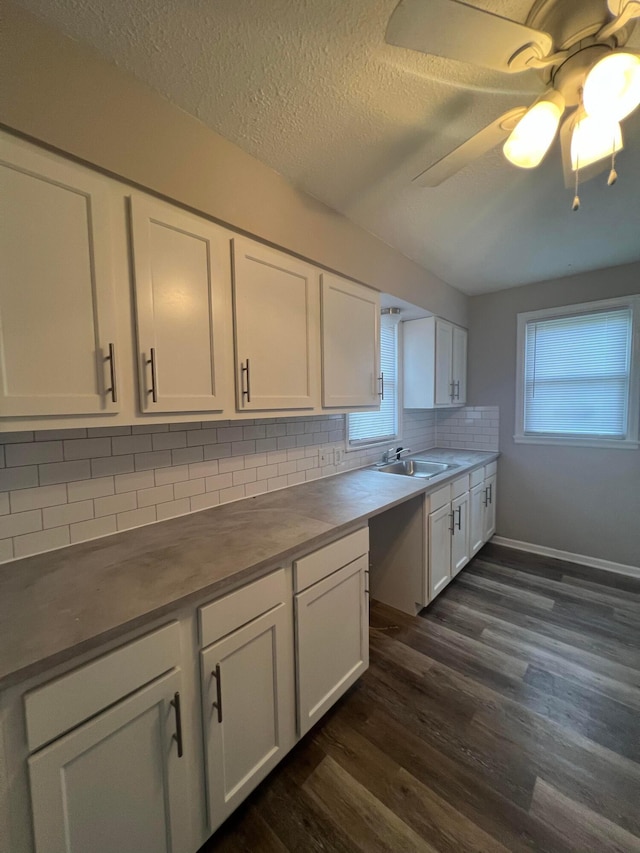 2769 Mcguffey Rd, Columbus, OH 43211 - kitchen with dark wood-type flooring, white cabinets, backsplash, a textured ceiling, and plenty of natural light