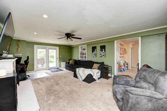 175 Pierson Blvd, Newark, OH 43055 - carpeted living room with ceiling fan, ornamental molding, and recessed lighting