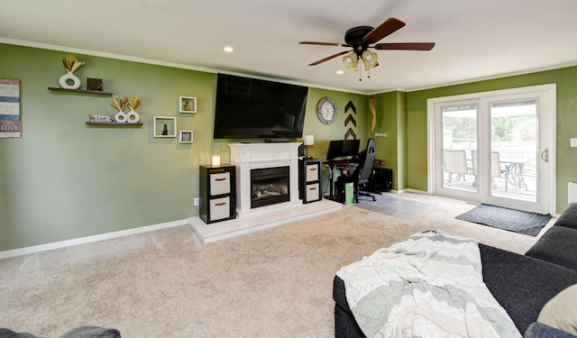 175 Pierson Blvd, Newark, OH 43055 - carpeted living room featuring recessed lighting, ornamental molding, ceiling fan, and a fireplace with raised hearth