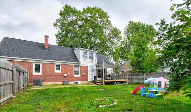 175 Pierson Blvd, Newark, OH 43055 - back of property with a fenced backyard, a deck, brick siding, and a chimney
