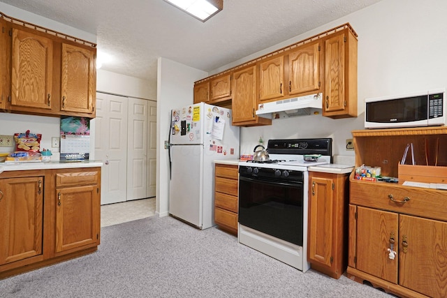1138 Ohio Ave, Logan, OH 43138 - kitchen featuring white appliances, under cabinet range hood, light countertops, brown cabinetry, and light colored carpet
