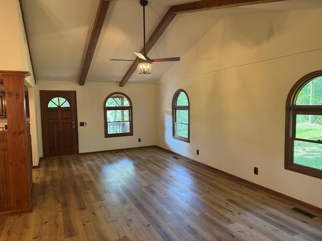 300 Core Rd, Frankfort, OH 45628 - foyer featuring ceiling fan, wood finished floors, beamed ceiling, and high vaulted ceiling