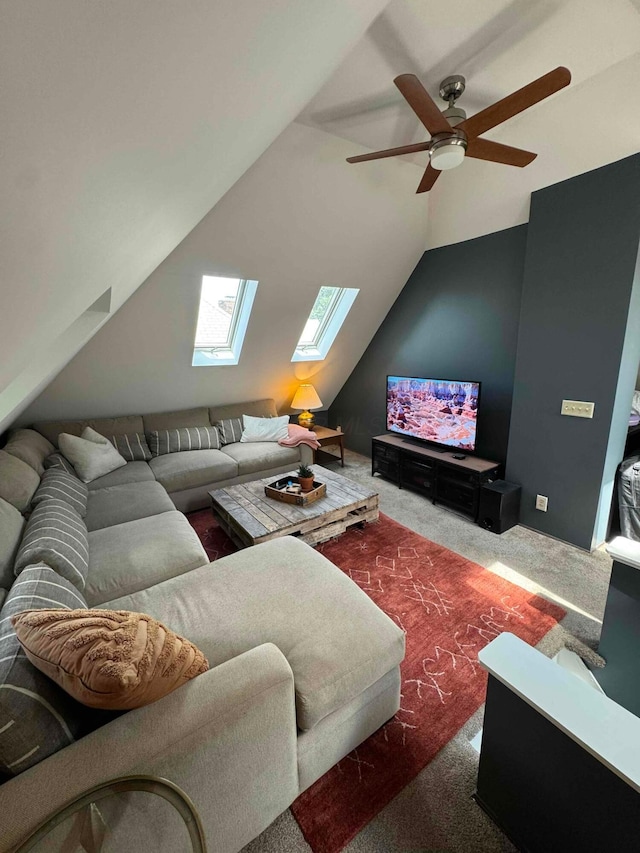 489 W 4th Ave, Columbus, OH 43201 - carpeted living area featuring a skylight, lofted ceiling, and ceiling fan