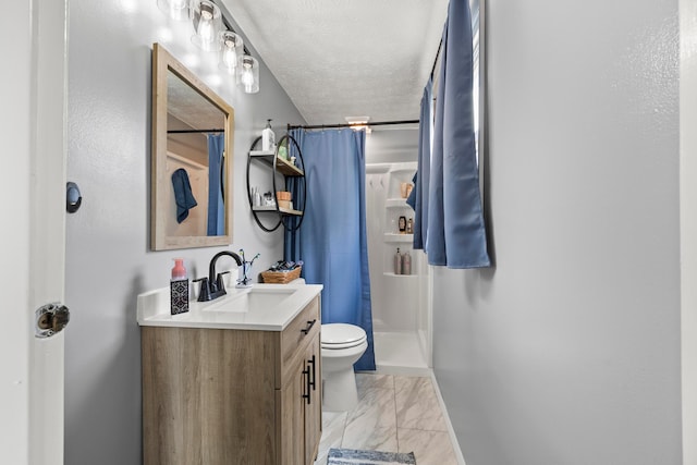 6492 Cherokee Rose Dr, Westerville, OH 43081 - bathroom with marble finish flooring, vanity, curtained shower, and a textured ceiling