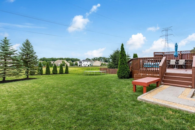 784 Brevard Cir, Pickerington, OH 43147 - view of grassy yard featuring a trampoline and a wooden deck