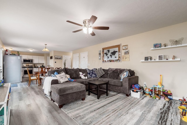 208 Dowler Dr, South Bloomfield, OH 43103 - living room featuring light wood finished floors and a ceiling fan