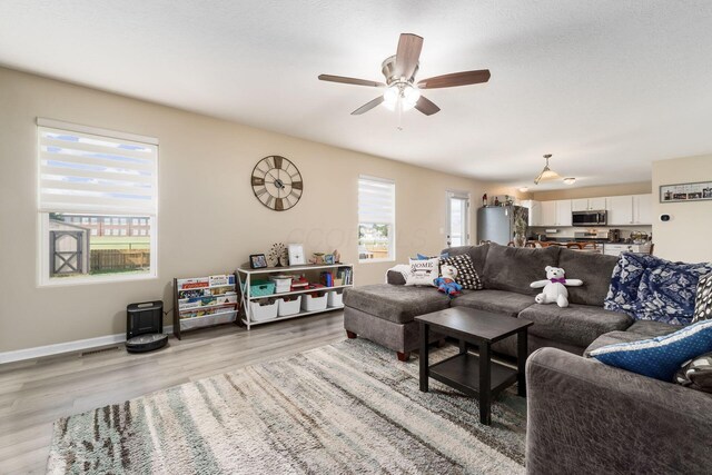 208 Dowler Dr, South Bloomfield, OH 43103 - living room with ceiling fan and light wood finished floors