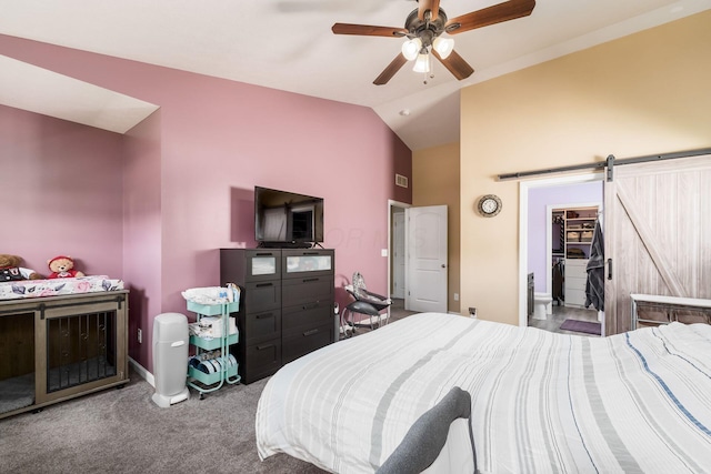 208 Dowler Dr, South Bloomfield, OH 43103 - bedroom with a barn door, carpet flooring, a ceiling fan, high vaulted ceiling, and a walk in closet