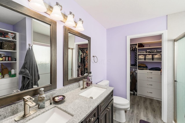 208 Dowler Dr, South Bloomfield, OH 43103 - full bathroom with double vanity, a spacious closet, and wood finished floors