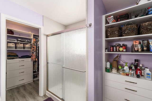 208 Dowler Dr, South Bloomfield, OH 43103 - bathroom with wood finished floors, a stall shower, and a spacious closet