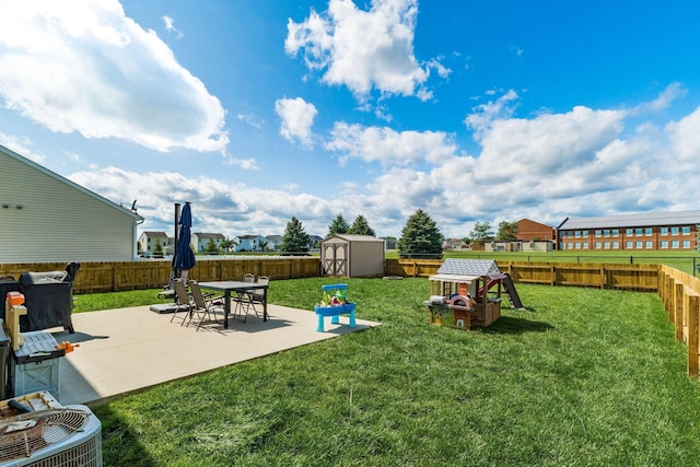 208 Dowler Dr, South Bloomfield, OH 43103 - fenced backyard featuring a shed and a patio