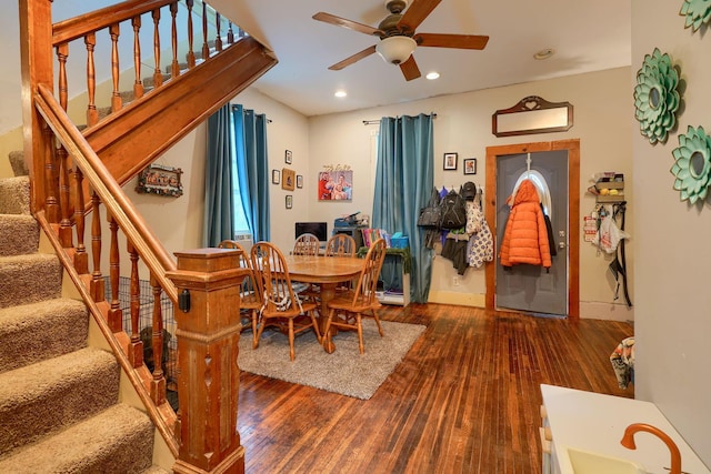 206 W Water St, New Lexington, OH 43764 - dining area with hardwood / wood-style flooring, a ceiling fan, stairway, and recessed lighting