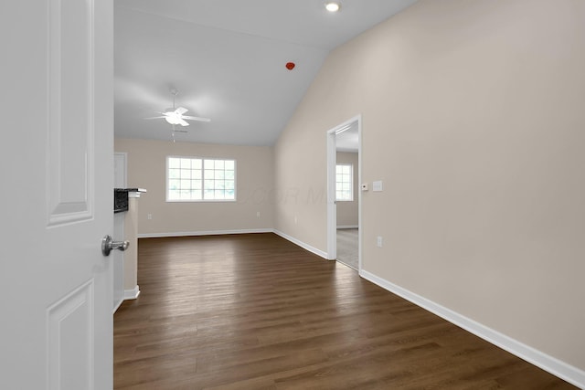 763 Whitetail Loop, Newark, OH 43055 - empty room with ceiling fan, vaulted ceiling, and dark wood finished floors