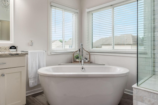 333 Quarter Way, Delaware, OH 43015 - full bathroom featuring plenty of natural light, vanity, a freestanding tub, and wood finished floors