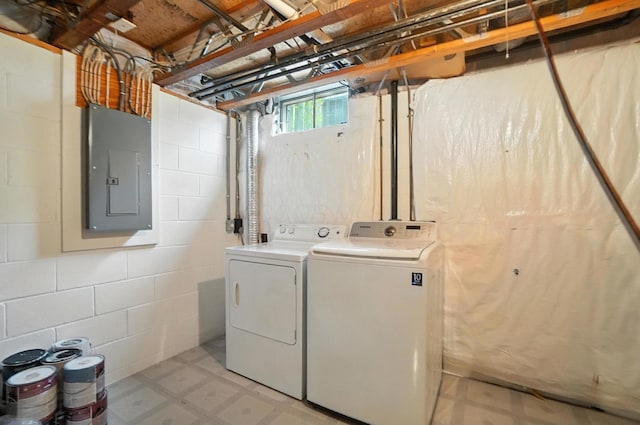 1812 Bennigan Dr Unit 88C, Hilliard, OH 43026 - washroom with electric panel, washing machine and clothes dryer, and concrete block wall