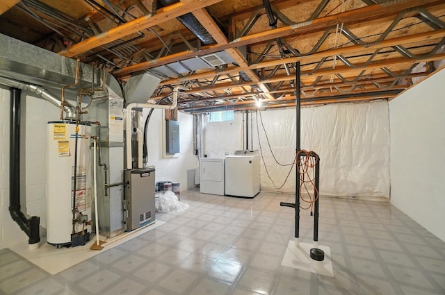 1812 Bennigan Dr Unit 88C, Hilliard, OH 43026 - basement featuring gas water heater, electric panel, washing machine and clothes dryer, heating unit, and tile patterned floors