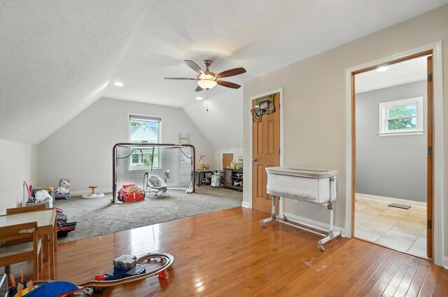 328 Maple Ave, Utica, OH 43080 - rec room featuring ceiling fan, hardwood / wood-style flooring, plenty of natural light, and vaulted ceiling