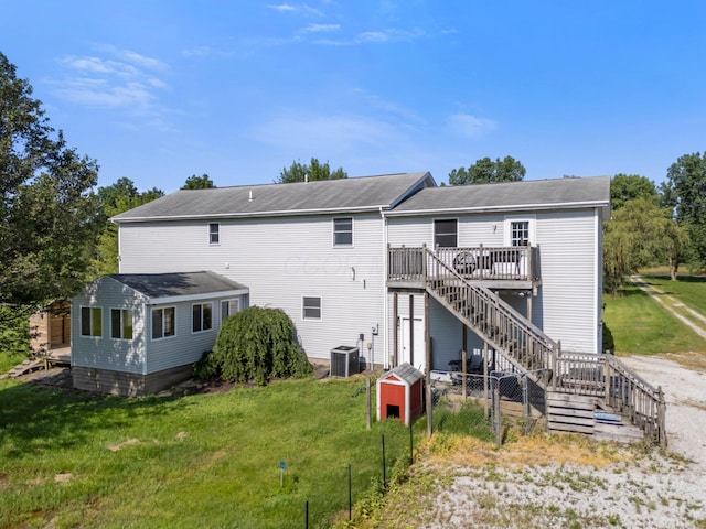 5373 Summit Rd SW, Pataskala, OH 43062 - rear view of property featuring stairs, a wooden deck, a storage shed, and roof with shingles