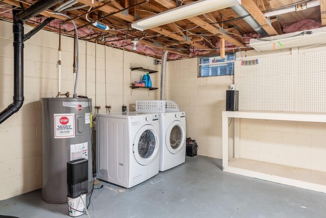 7911 Verandah Ct Unit 58, Powell, OH 43065 - laundry room featuring washing machine and dryer, water heater, and concrete block wall