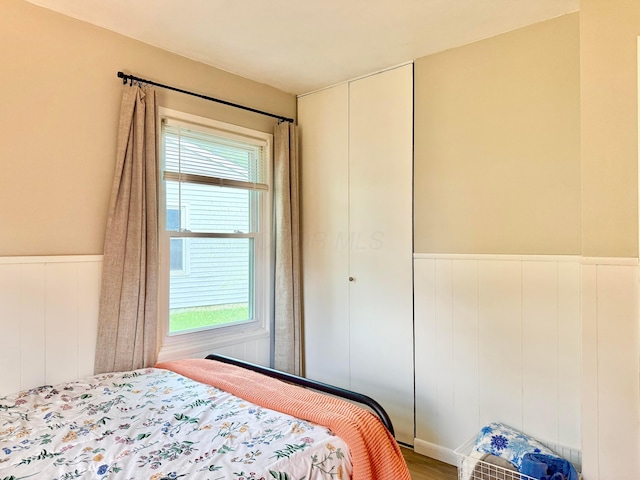 3811 Bradford Dr, Hilliard, OH 43026 - bedroom with multiple windows, a wainscoted wall, a closet, and wood finished floors