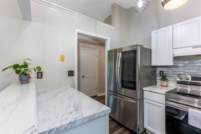 6063 Hildenboro Dr, Dublin, OH 43017 - kitchen with stainless steel appliances, tasteful backsplash, dark wood finished floors, white cabinetry, and light stone counters