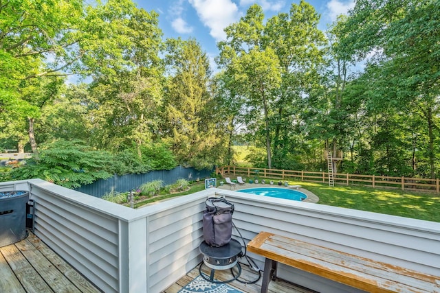 1318 Hickory Ridge Ln, Columbus, OH 43235 - wooden deck with a fenced backyard, view of scattered trees, and a water view