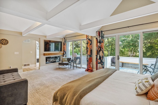 1318 Hickory Ridge Ln, Columbus, OH 43235 - carpeted bedroom featuring access to outside, a glass covered fireplace, and arched walkways