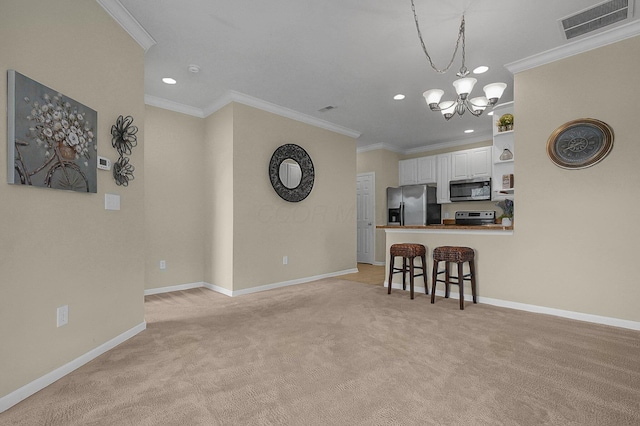 262 Alexander Lawrence Dr, Pickerington, OH 43147 - living area with crown molding, light colored carpet, a chandelier, and recessed lighting