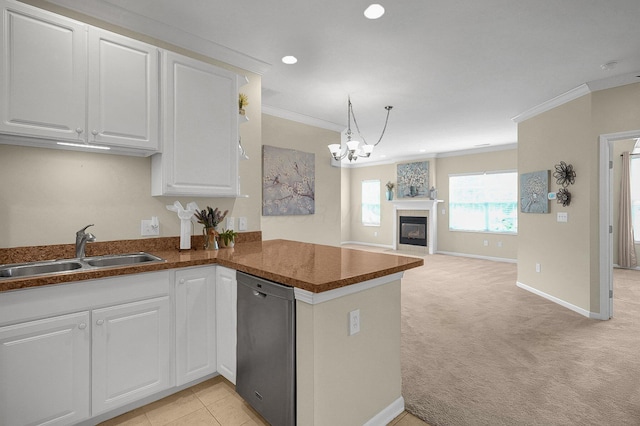 262 Alexander Lawrence Dr, Pickerington, OH 43147 - kitchen with stainless steel dishwasher, crown molding, a chandelier, white cabinetry, and light colored carpet