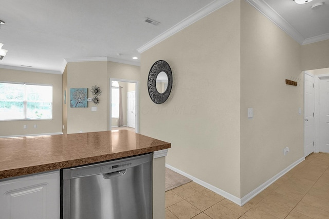 262 Alexander Lawrence Dr, Pickerington, OH 43147 - kitchen featuring dishwasher, crown molding, dark countertops, light tile patterned floors, and white cabinetry