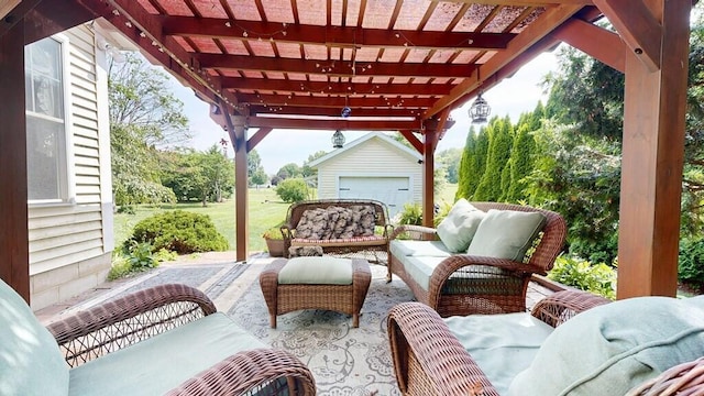 2 Delaware Dr, Fredericktown, OH 43019 - view of patio / terrace featuring outdoor lounge area, an outdoor structure, and a pergola